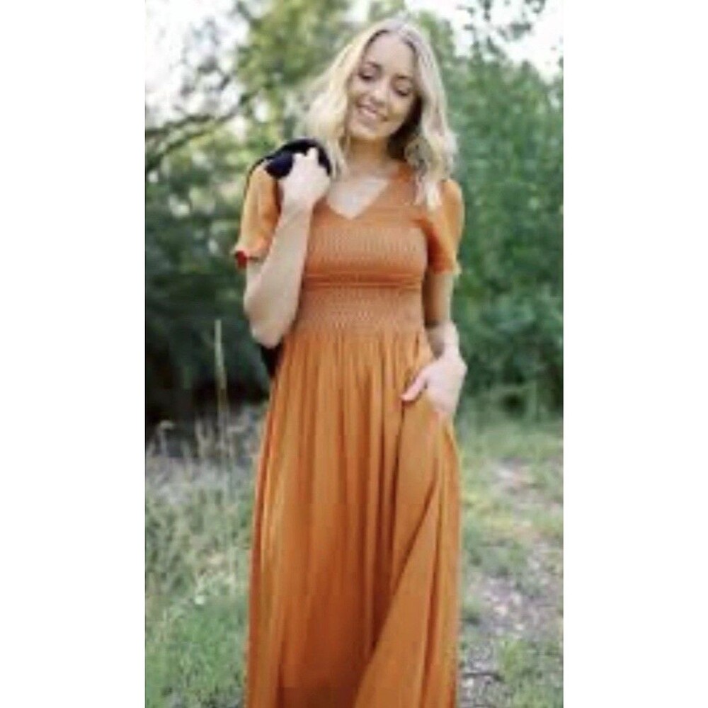 BALTIC BORN Leeds Smocked Top Maxi Dress brown/orange pockets V-Neck Size M